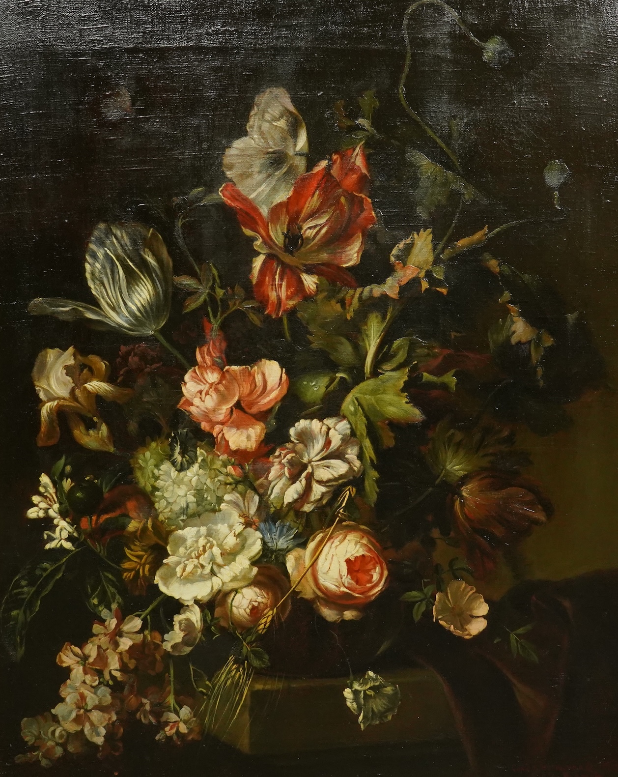 After Herman van der Mijn (1684-1741), 17th century still life of flowers on a ledge, oil on canvas, 77 x 62cm